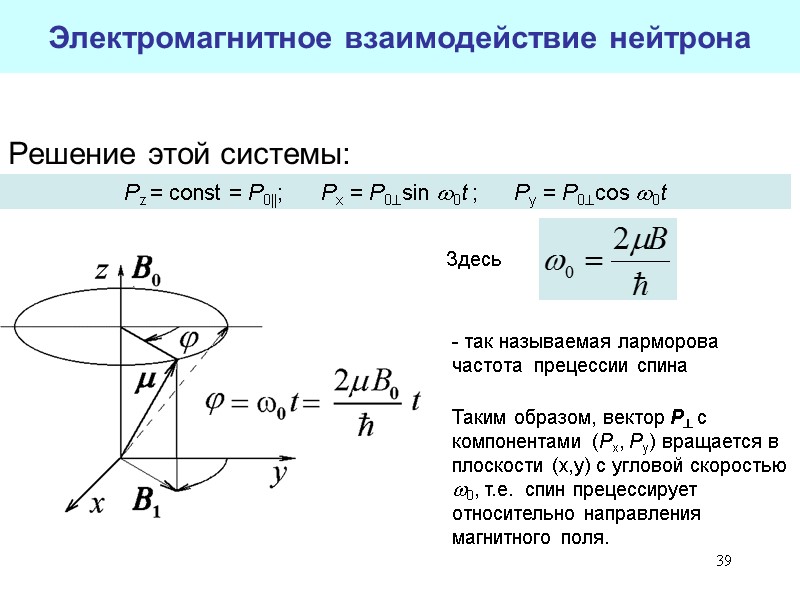 39 Электромагнитное взаимодействие нейтрона Решение этой системы: Pz = const = P0||;  